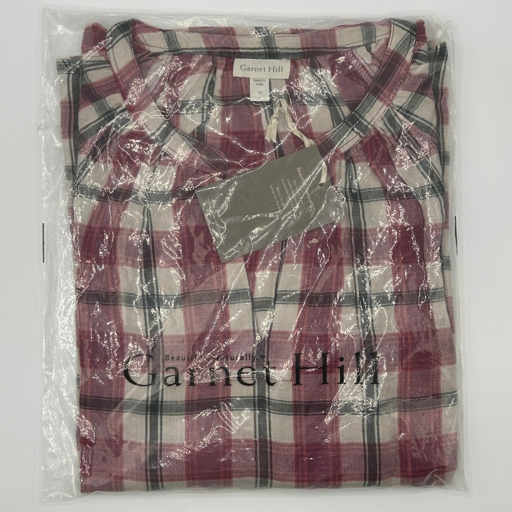 Garnet Hill Organic Cotton Double Gauze Plaid Popover Blouse Red M 50683 NEW